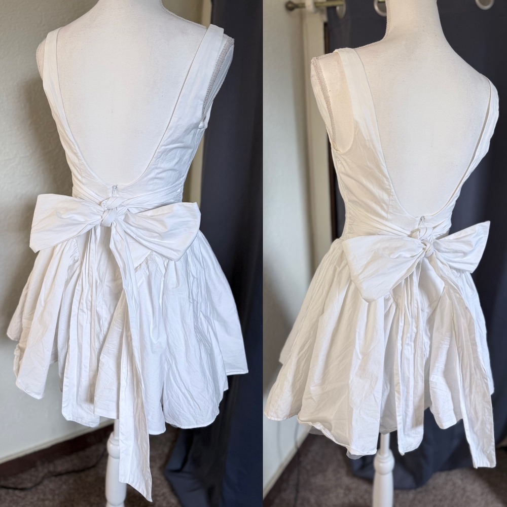 Windsor White Open Back Bow Mini Dress Square Neck Puff Skirt  Small - Picture 5 of 9